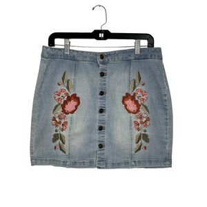 Vintage GUESS Women’s Large Floral Embroidered Denim Mini Skirt Stretch Y2K